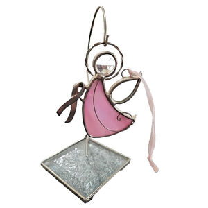 Stained Glass Angel 4" Suncatcher Leaded Pink Ribbon Base and Hanger